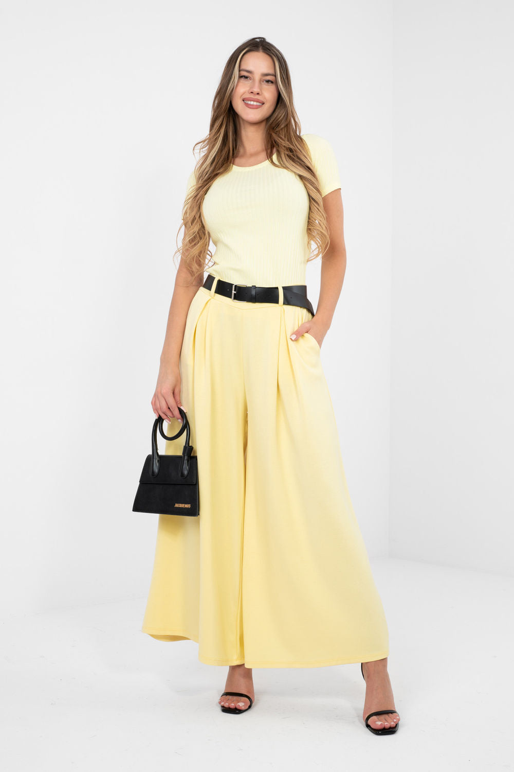 Rue Paris Light Yellow Pleated High Waisted Joggers