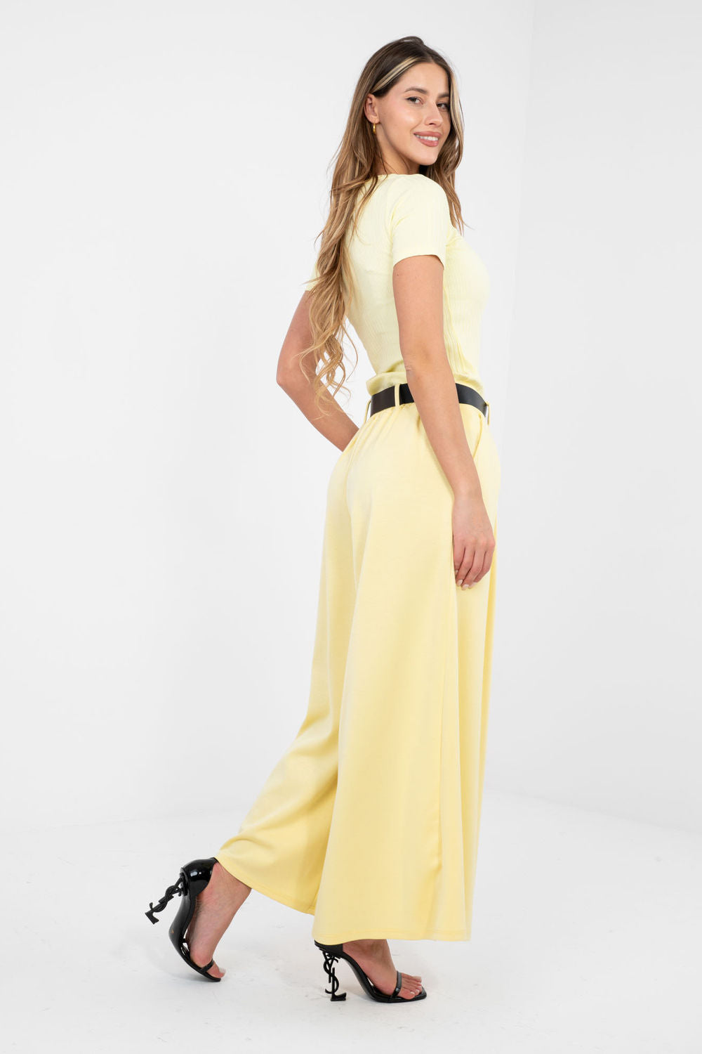 Rue Paris Light Yellow Pleated High Waisted Joggers - view 2