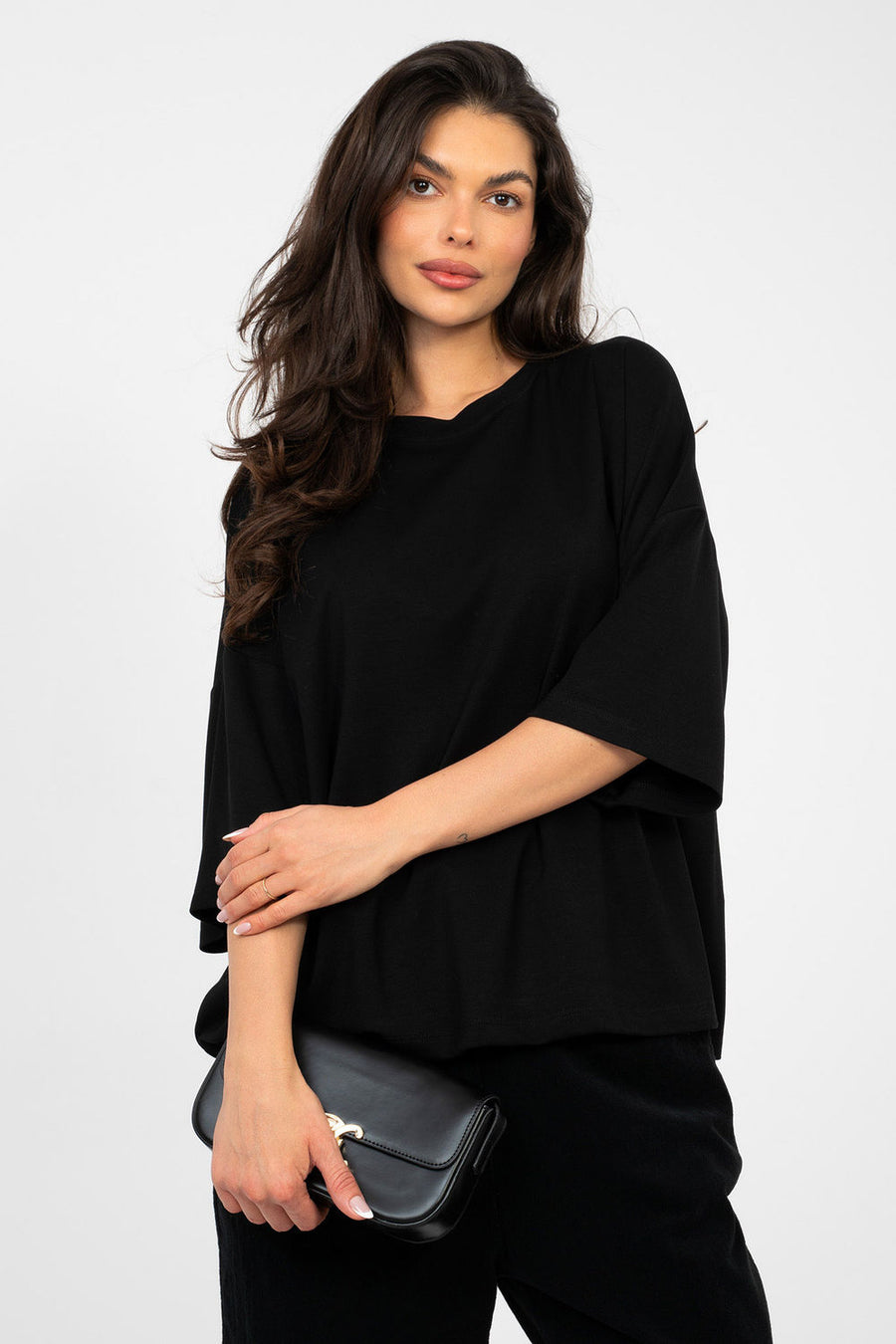 Rue Paris Black Draped Short Sleeve Blouse