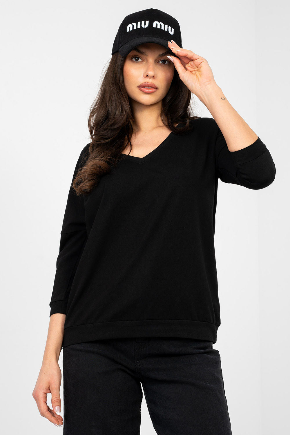 Rue Paris Black V-Neck Cotton Blouse