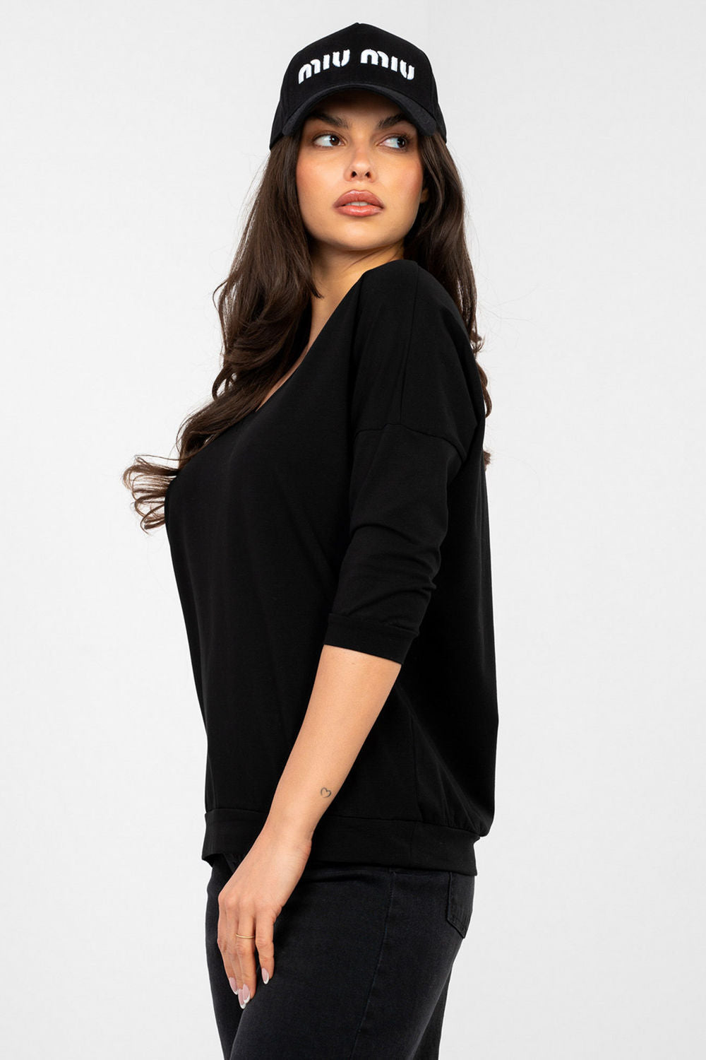 Rue Paris Black V-Neck Cotton Blouse - view 3