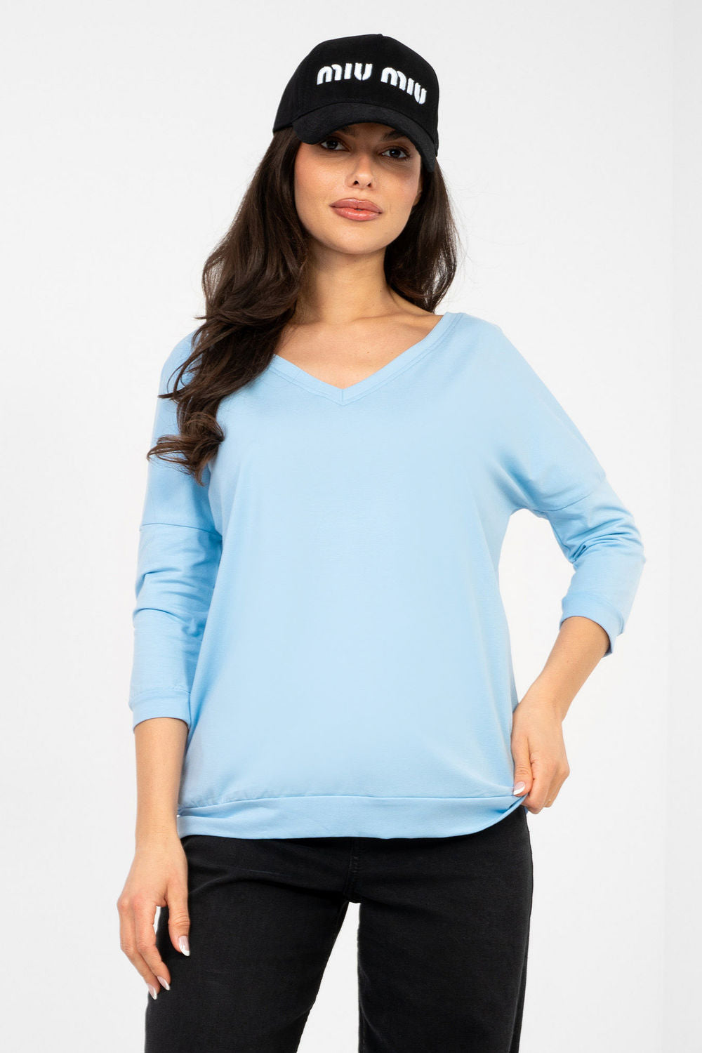 Rue Paris Light Blue V-Neck Cotton Blouse