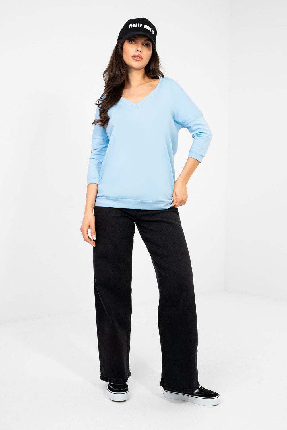 Rue Paris Light Blue V-Neck Cotton Blouse - view 2