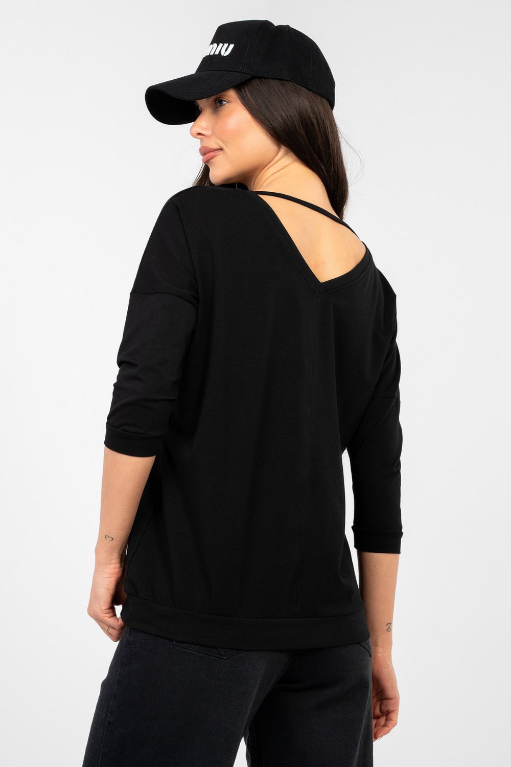 Rue Paris Black V-Neck Cotton Blouse - view 4
