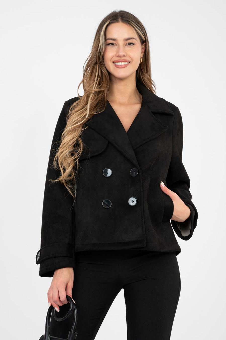 Factory Price Black Suede Long Sleeve Coat
