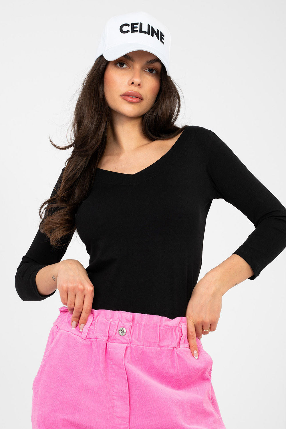 Rue Paris Black Bodycon V-Neck Blouse