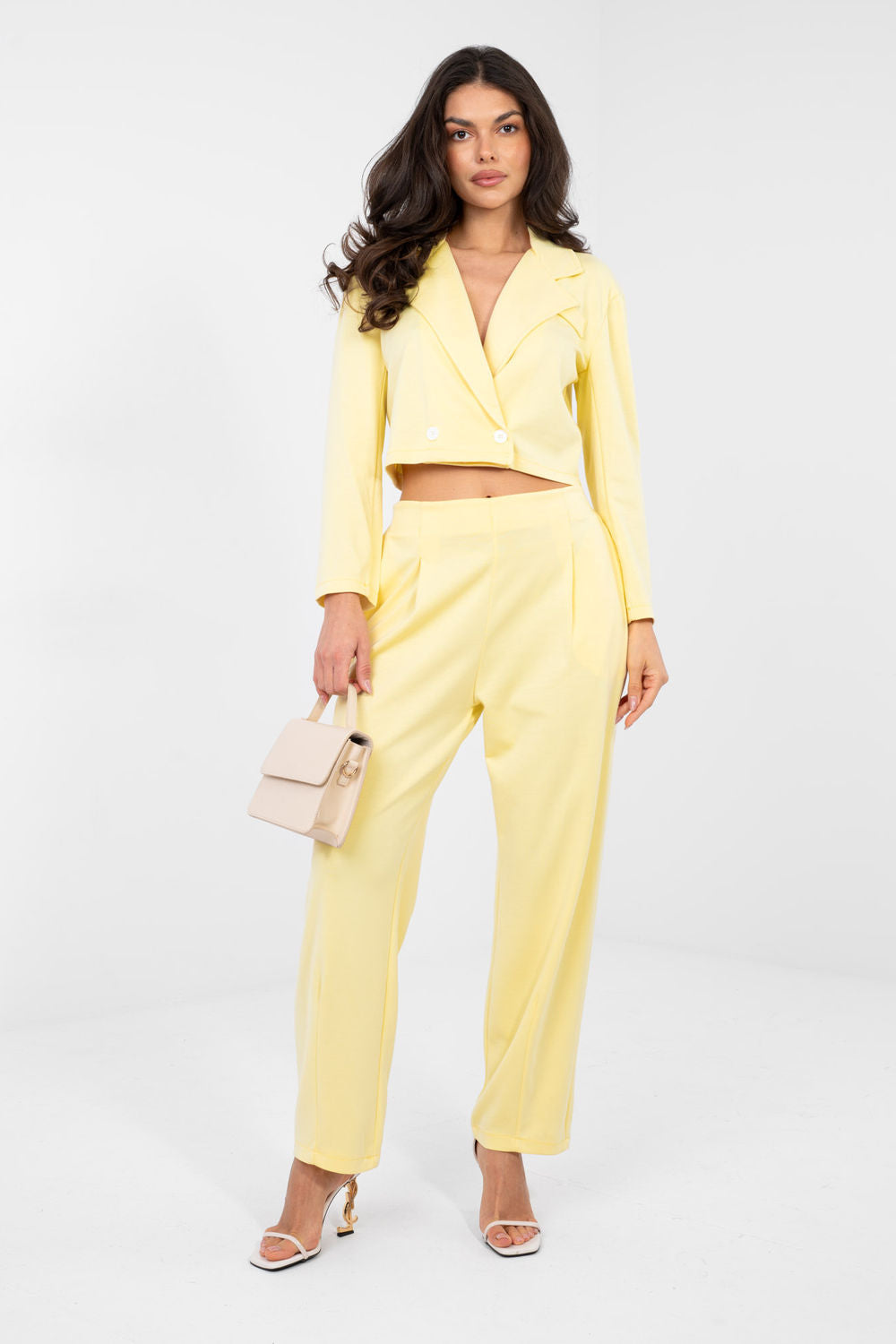 Rue Paris Light Yellow Slim Fit High Waisted Long Sleeve Co-Ord Set