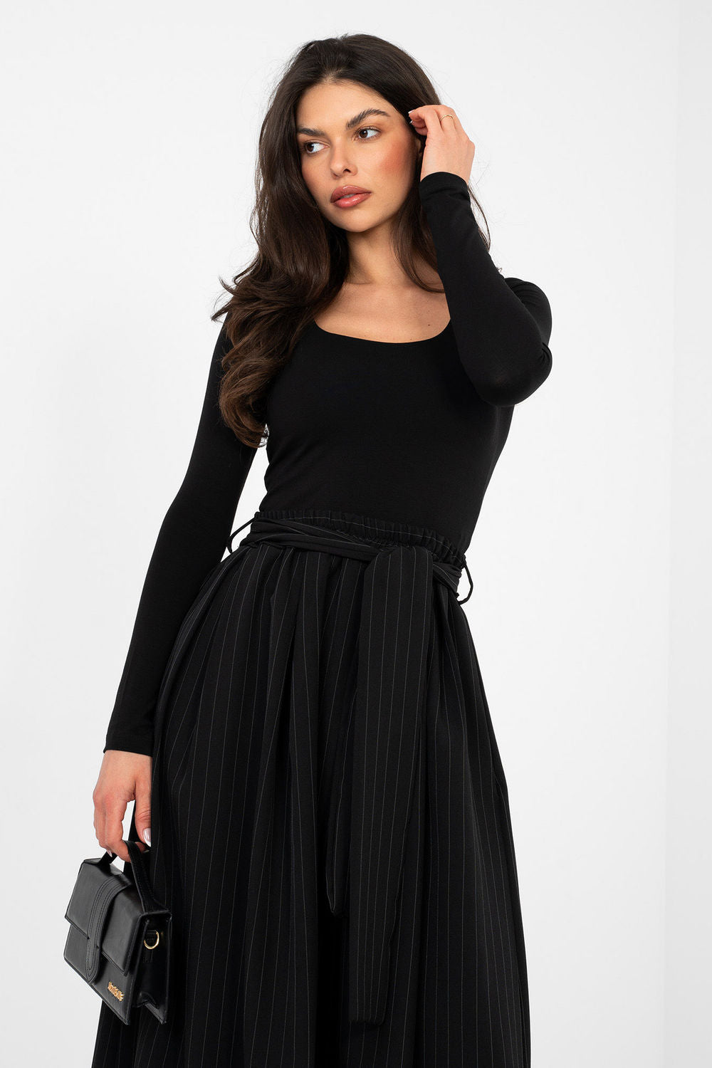 Rue Paris Black Square Neck Bodycon Long Sleeve Blouse