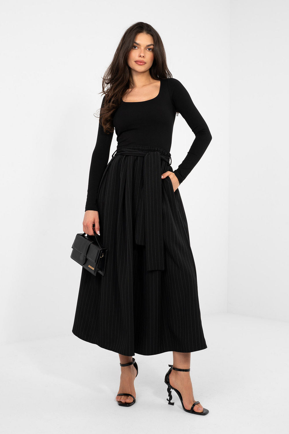 Rue Paris Black Square Neck Bodycon Long Sleeve Blouse - view 2