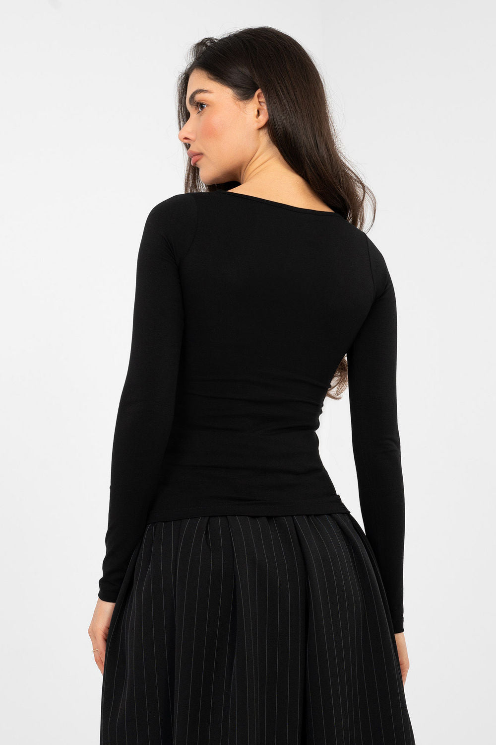 Rue Paris Black Square Neck Bodycon Long Sleeve Blouse - view 3