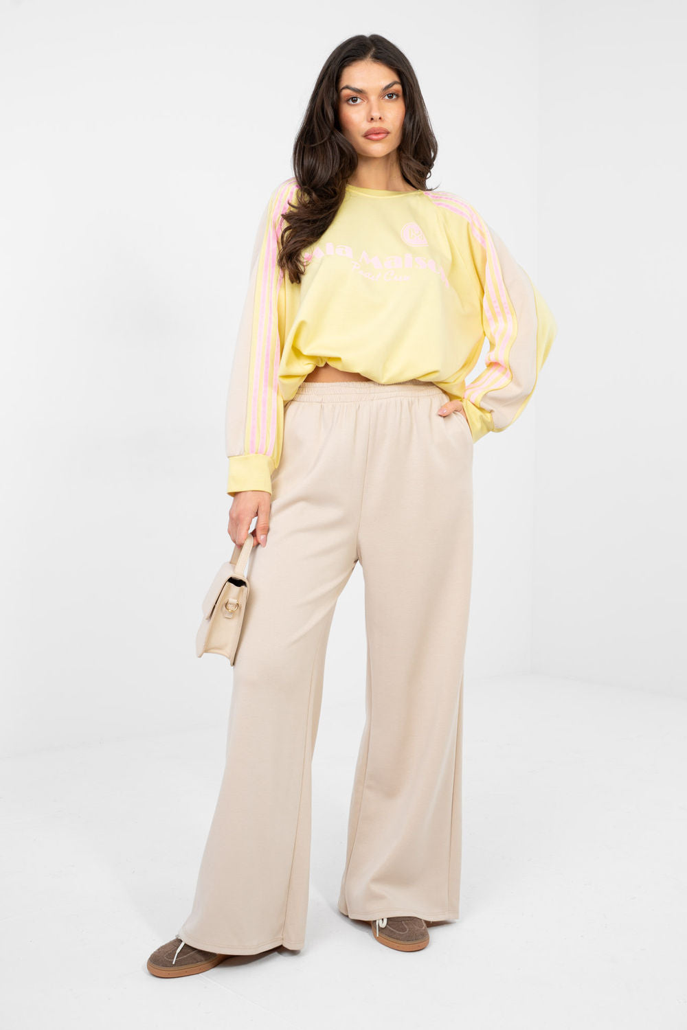 Rue Paris Beige Striped Wide Leg High Waisted Co-Ord Set