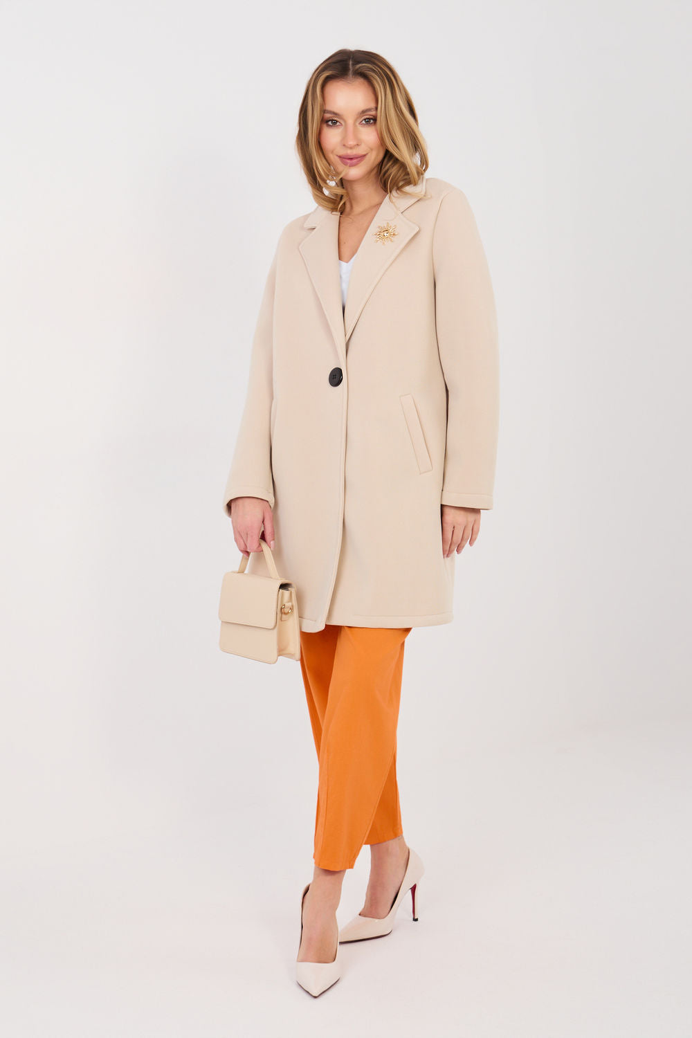 Rue Paris Beige Collared Long Sleeve Coat