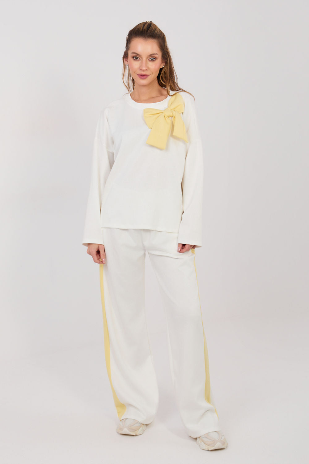 Rue Paris Ecru Round Neck Striped Wide Leg Co-Ord Set