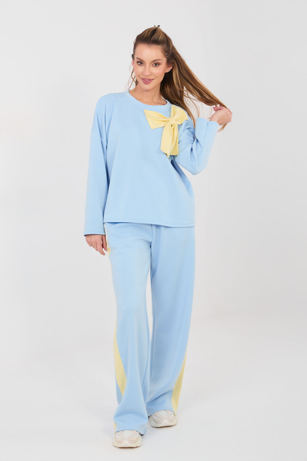 Rue Paris Light Blue Round Neck Striped Wide Leg Co-Ord Set