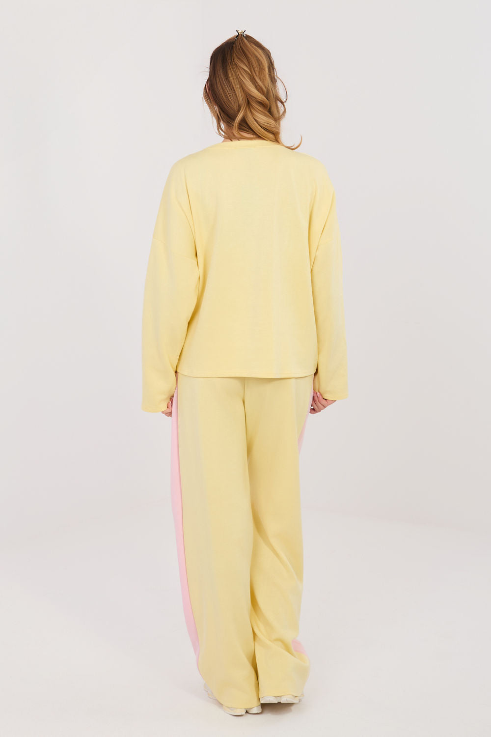 Rue Paris Light Yellow Round Neck Striped Wide Leg Co-Ord Set - view 2