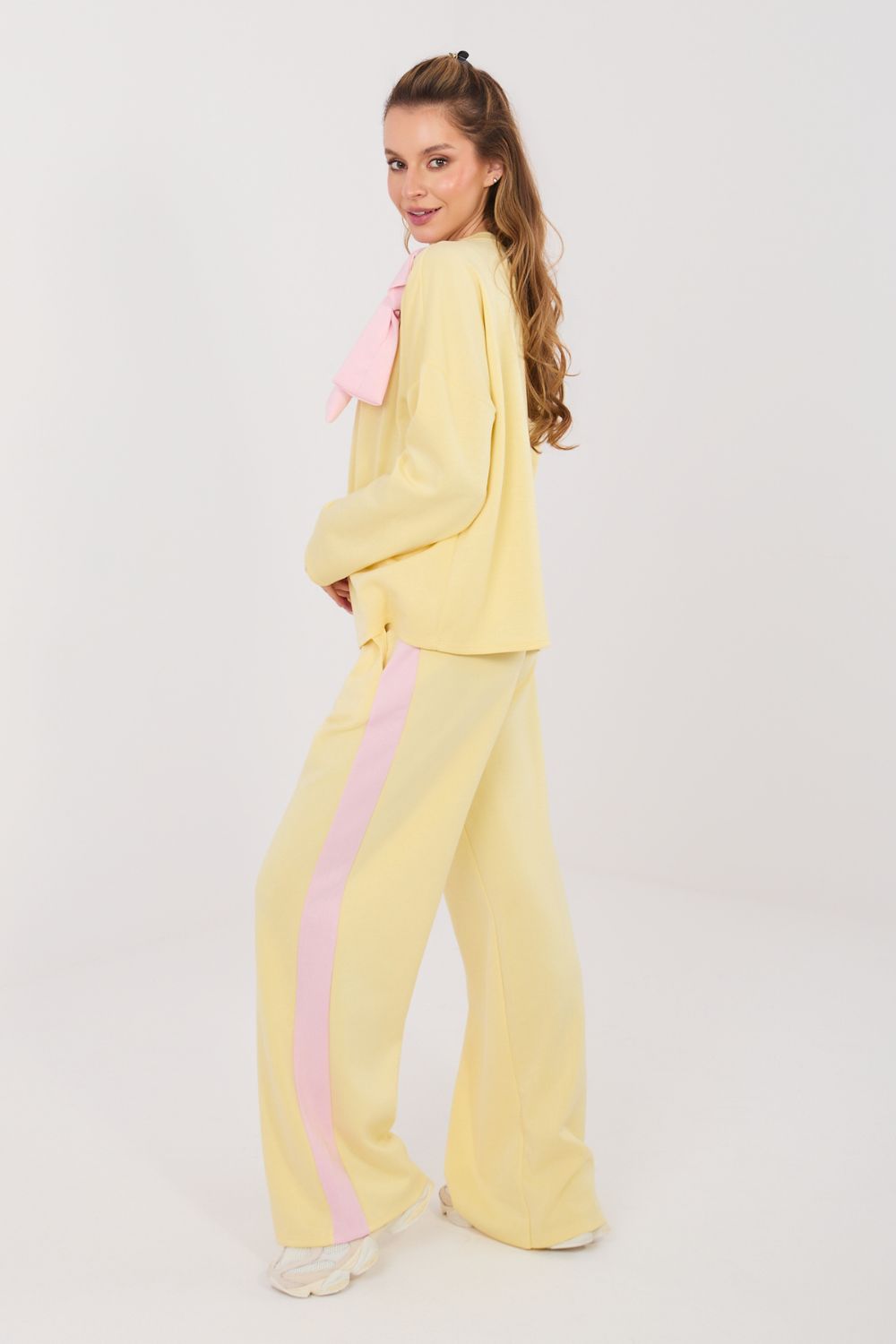 Rue Paris Light Yellow Round Neck Striped Wide Leg Co-Ord Set - view 3