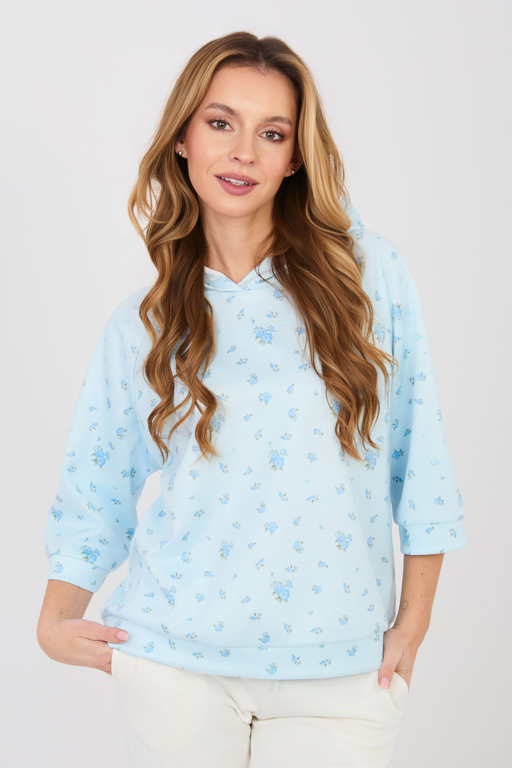 Italy Moda Light Blue Floral Hooded Sweatshirt