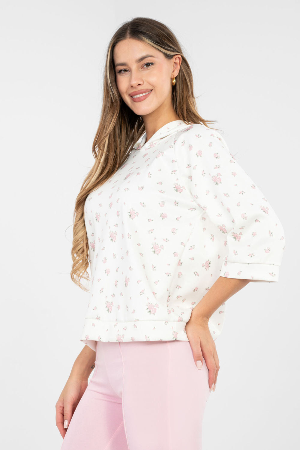 Italy Moda Ecru Floral Hooded Sweatshirt - view 4