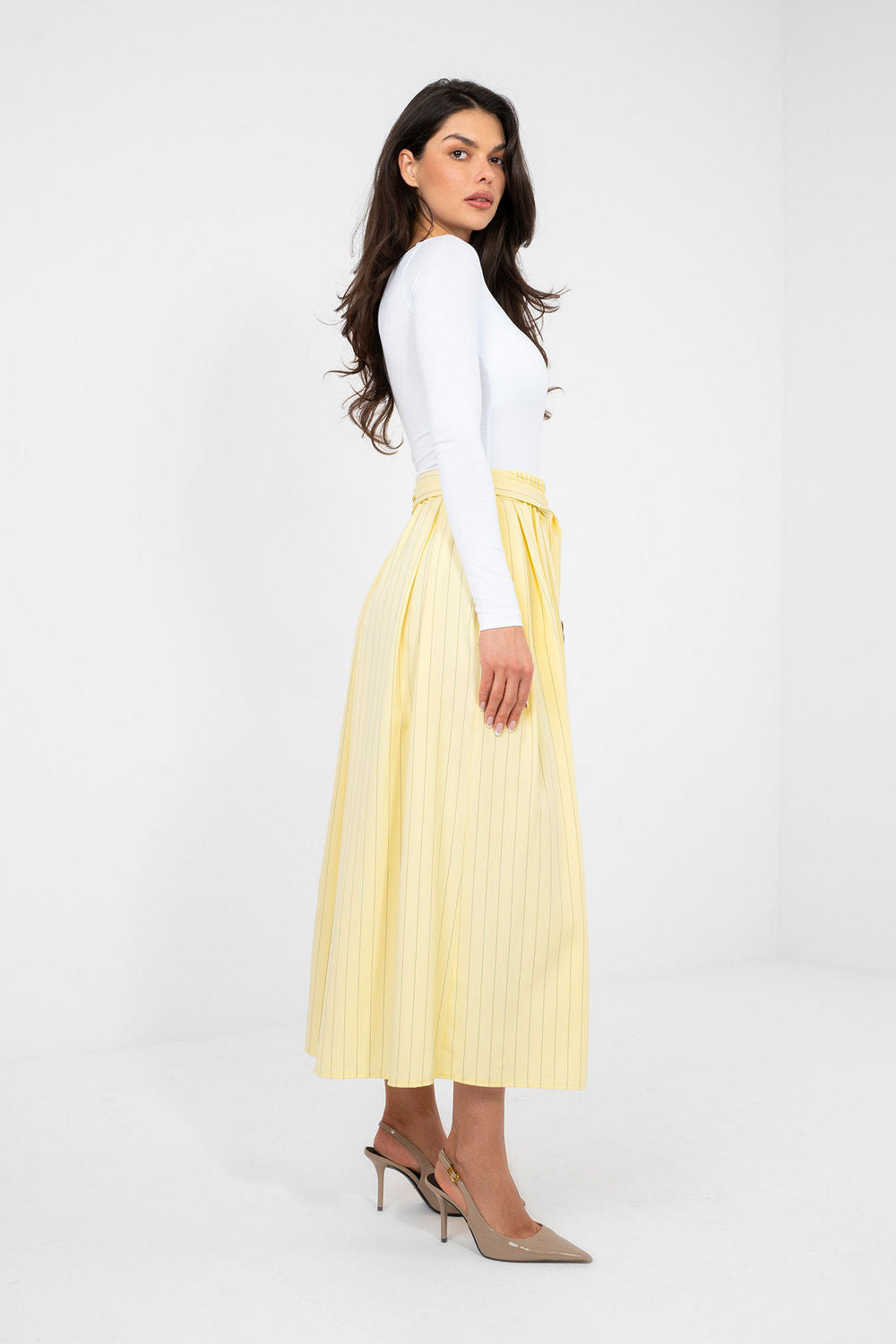 Italy Moda Light Yellow Striped Flared Skirt - view 2