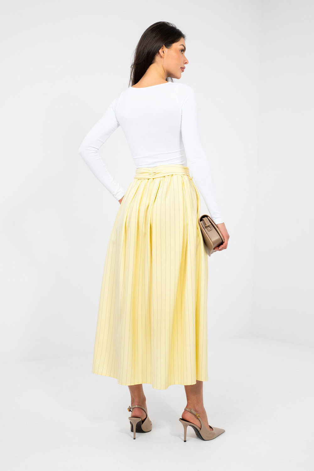 Italy Moda Light Yellow Striped Flared Skirt - view 3
