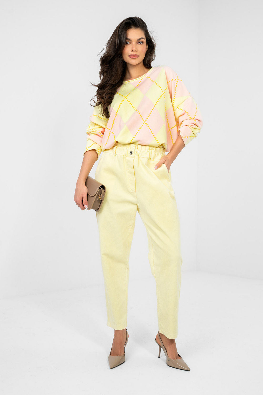 Italy Moda Light Yellow Bodycon High Waisted Corduroy Trousers - view 2