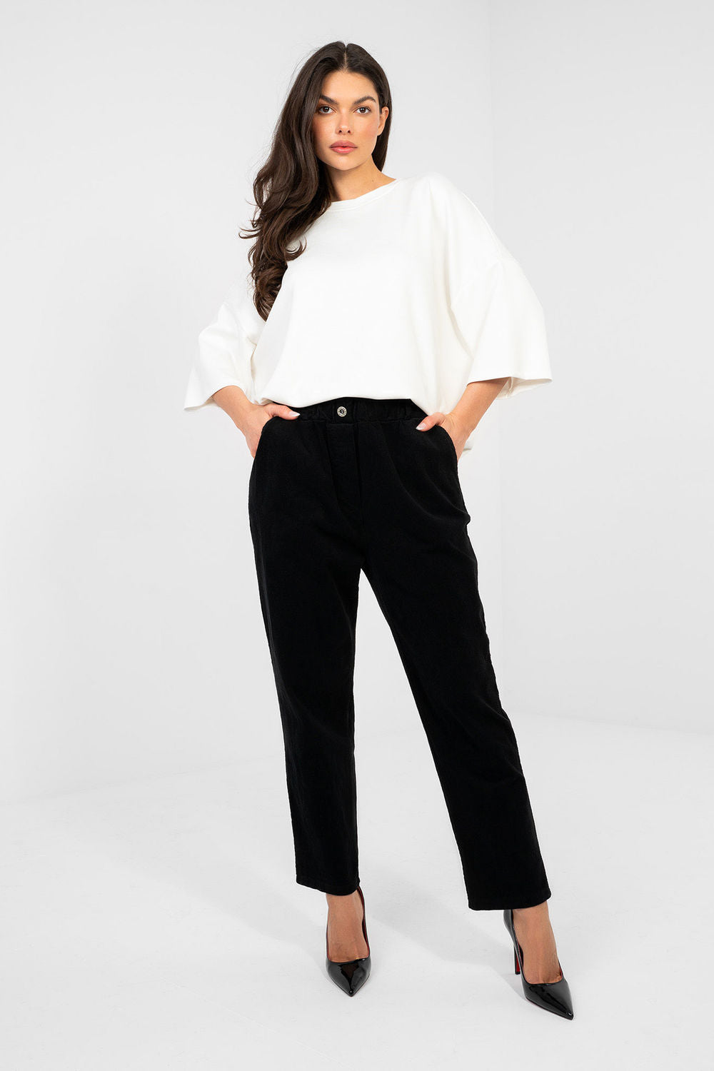Italy Moda Black Bodycon High Waisted Corduroy Trousers