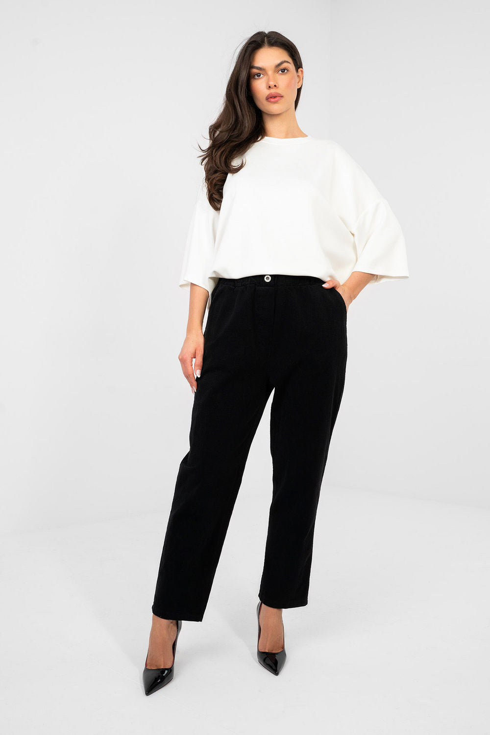 Italy Moda Black Bodycon High Waisted Corduroy Trousers - view 2