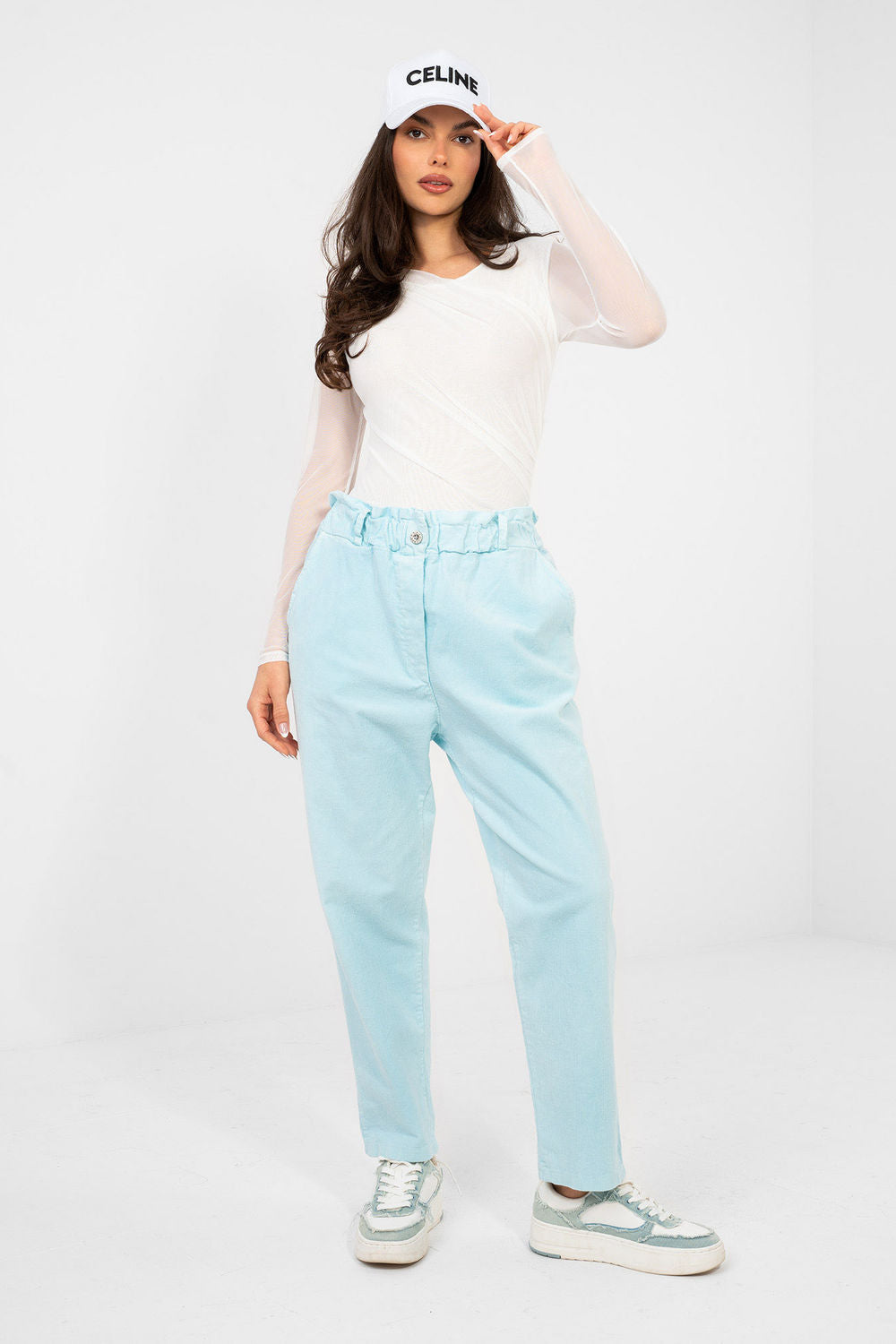 Italy Moda Light Blue Bodycon High Waisted Corduroy Trousers - view 2