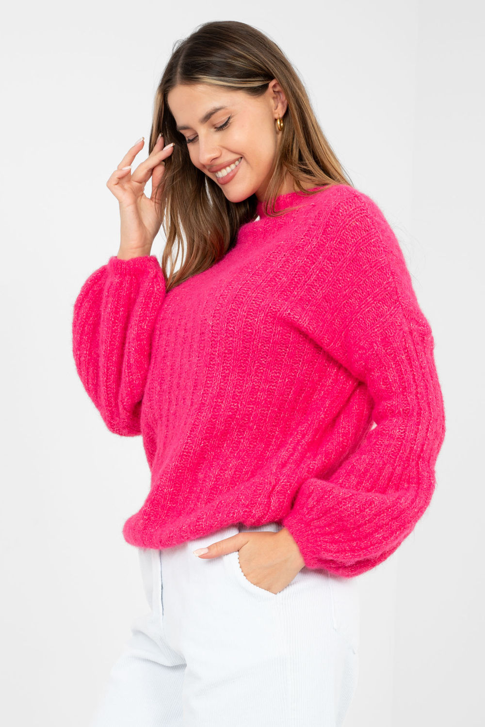 Italy Moda Fuchsia Puff Sleeve Jumper - view 2