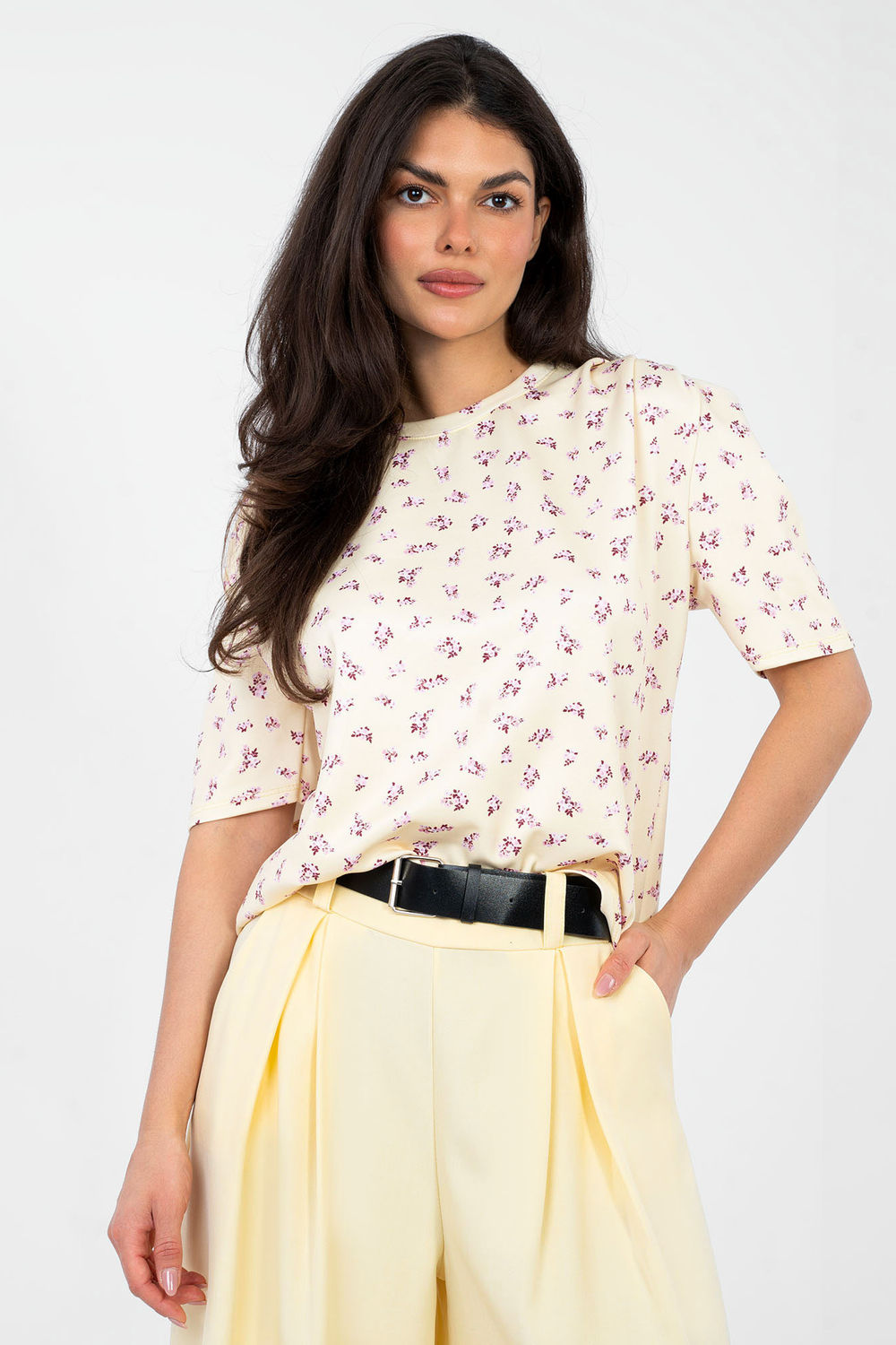 Italy Moda Light Yellow Floral Pleated Blouse