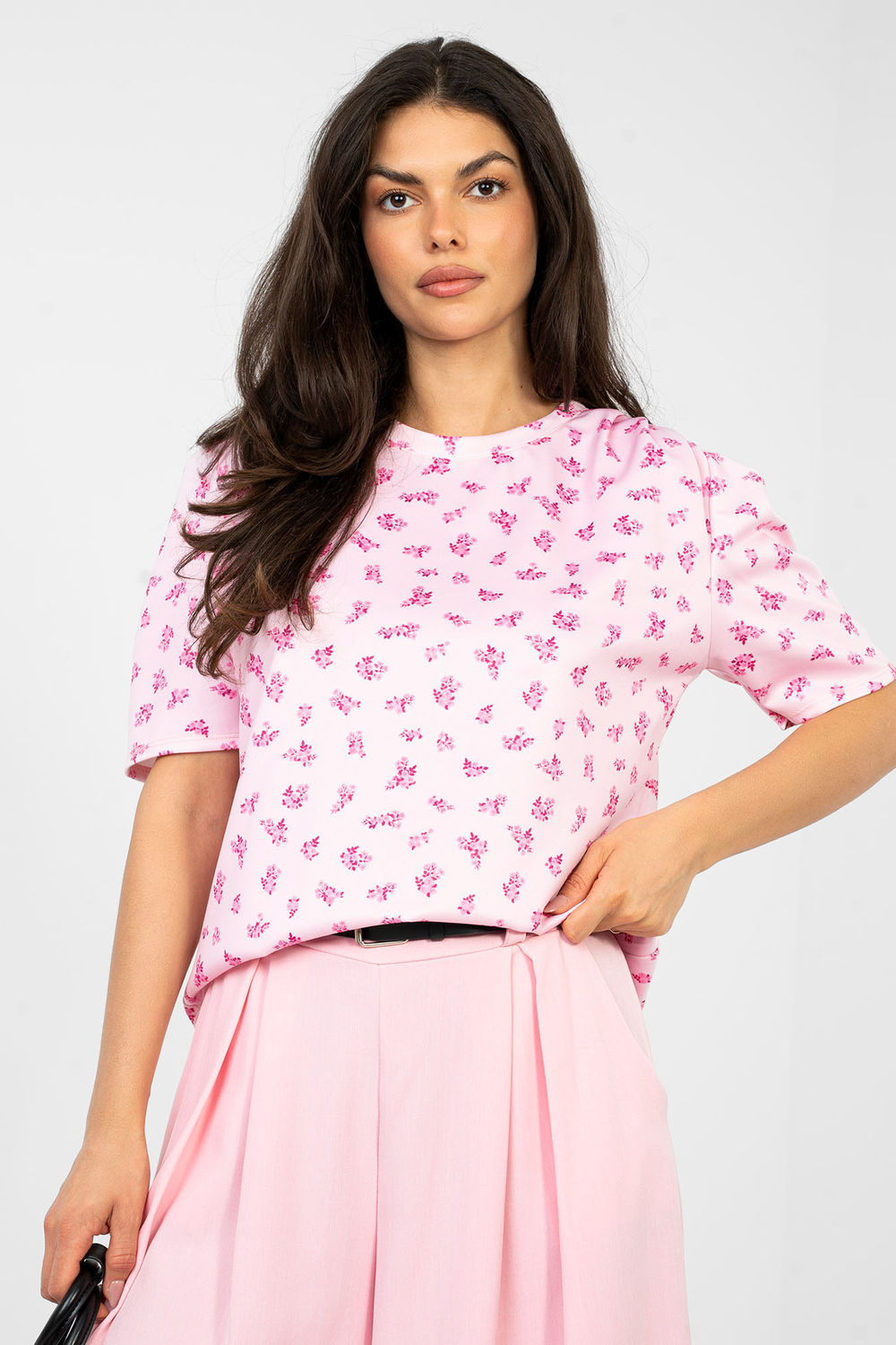Italy Moda Light Pink Pleated Short Sleeve Blouse