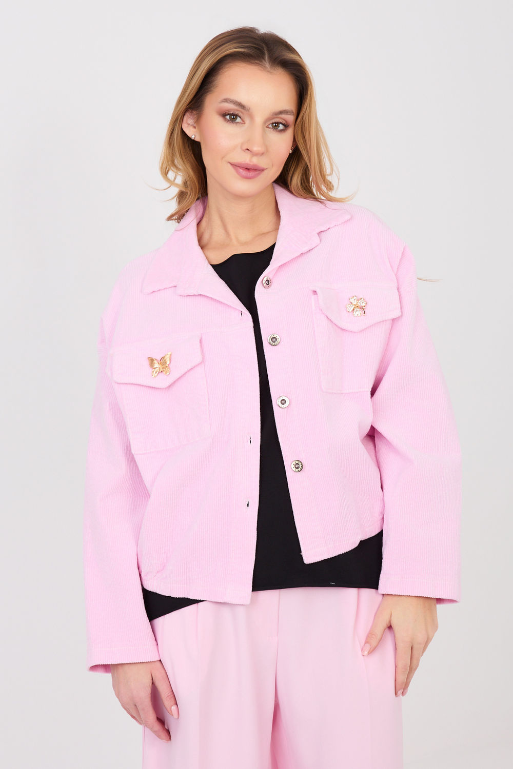 Rue Paris Light Pink Long Sleeve Cotton Corduroy Jacket