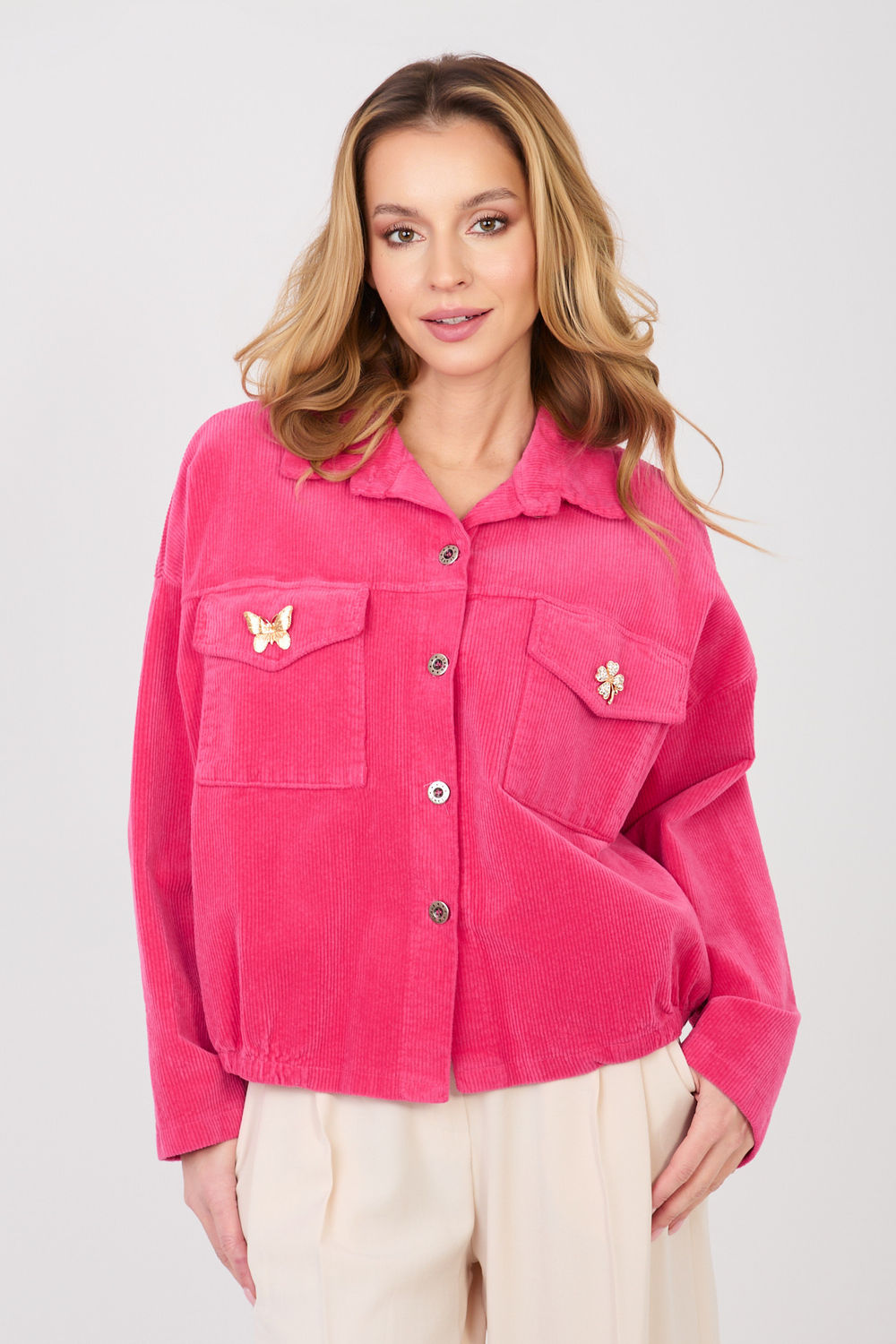 Rue Paris Fuchsia Long Sleeve Cotton Corduroy Jacket