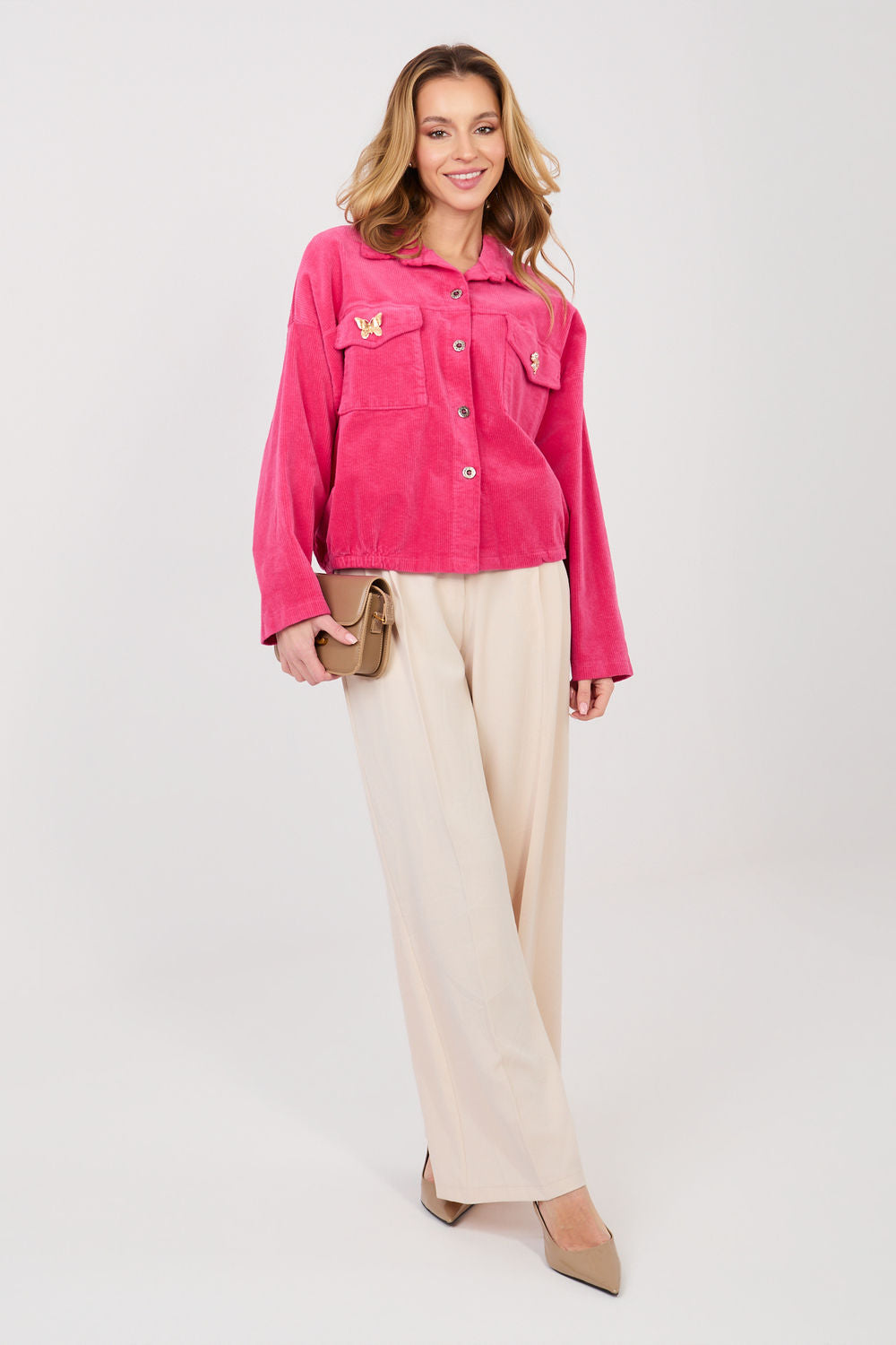 Rue Paris Fuchsia Long Sleeve Cotton Corduroy Jacket - view 2