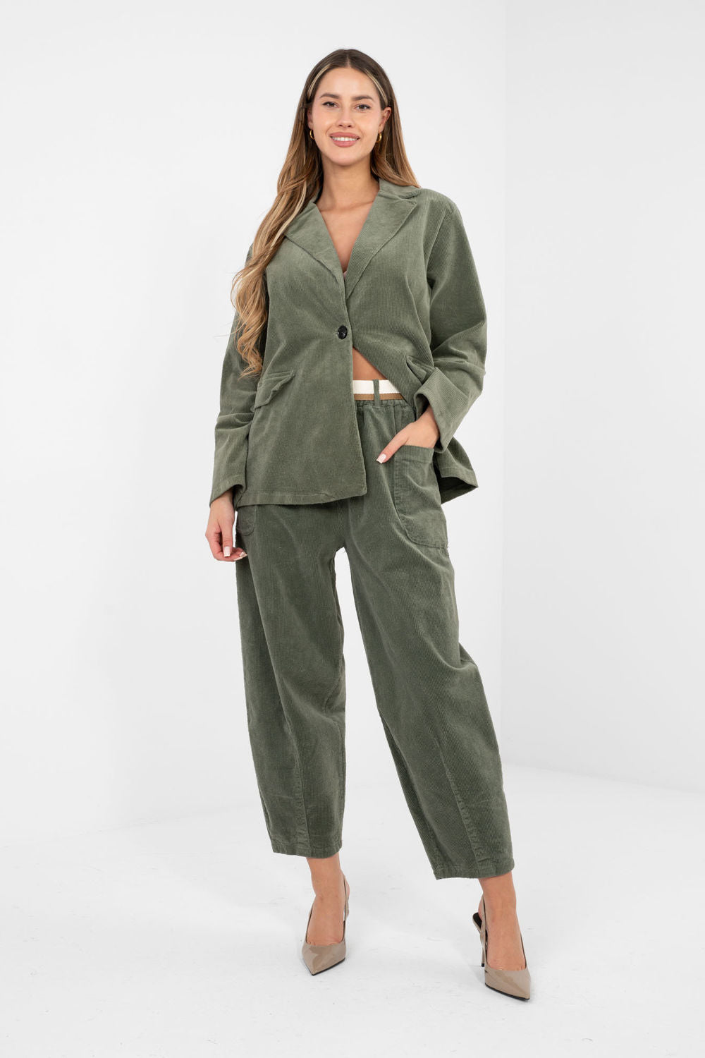 Rue Paris Khaki Bodycon High Waisted Corduroy Trousers