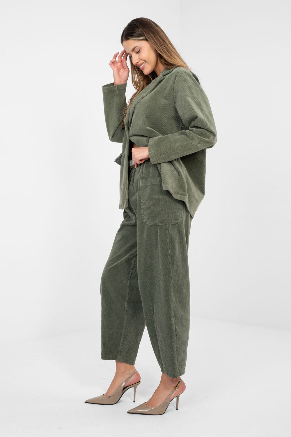 Rue Paris Khaki Bodycon High Waisted Corduroy Trousers - view 2