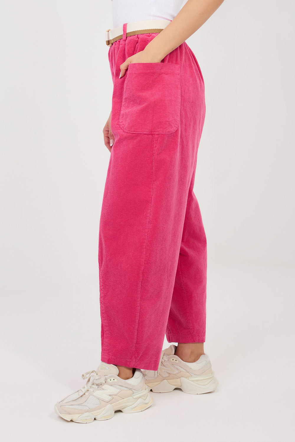 Rue Paris Fuchsia High Waisted Cotton Corduroy Trousers with Pockets