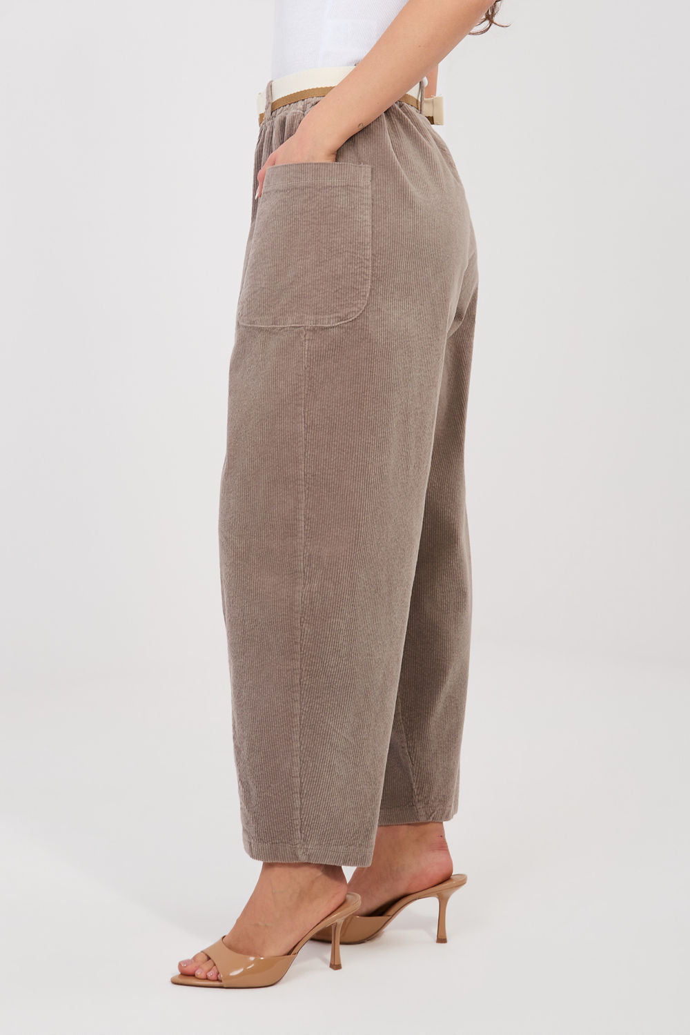 Rue Paris Dark Beige High Waisted Cotton Corduroy Trousers