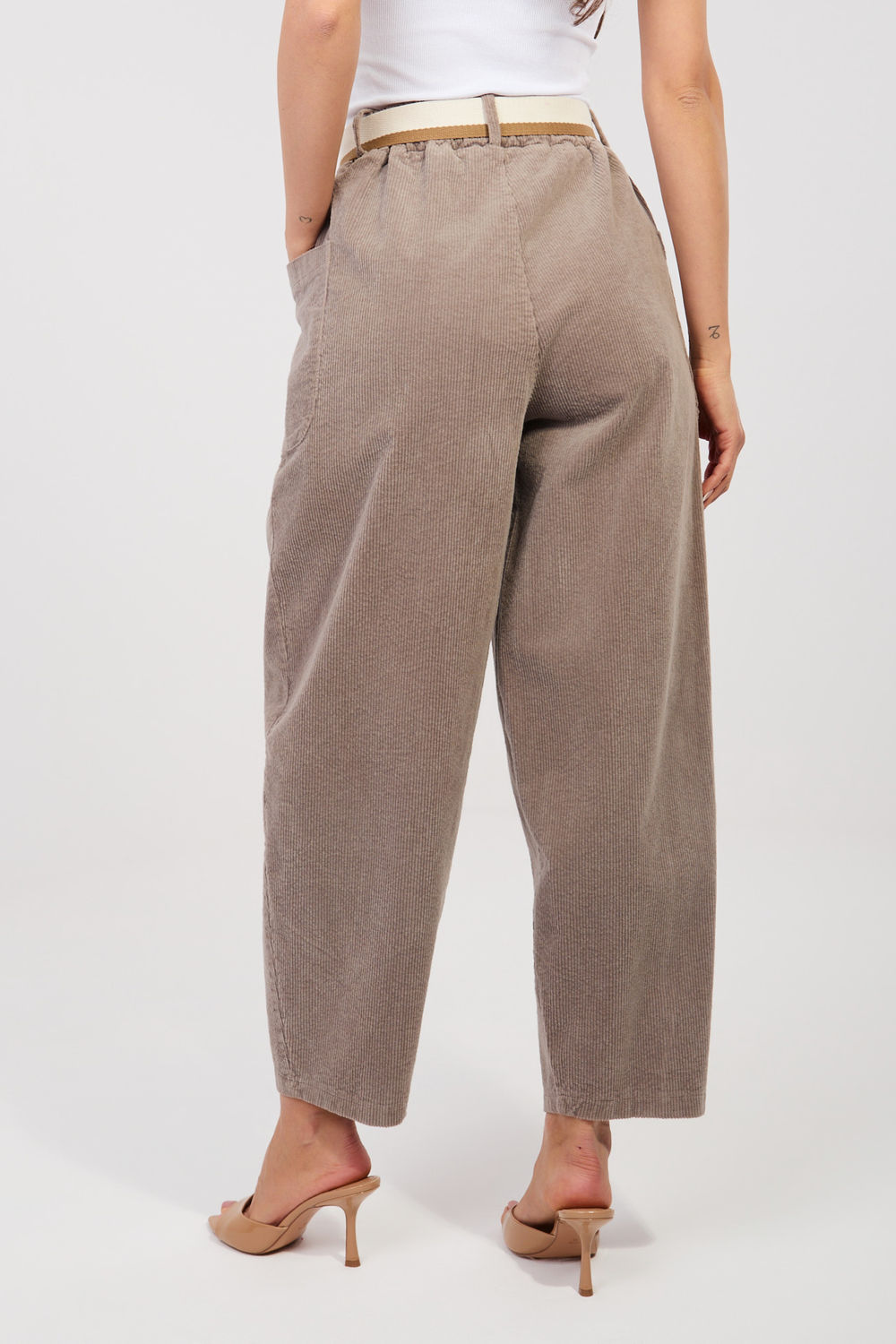 Rue Paris Dark Beige High Waisted Cotton Corduroy Trousers - view 2