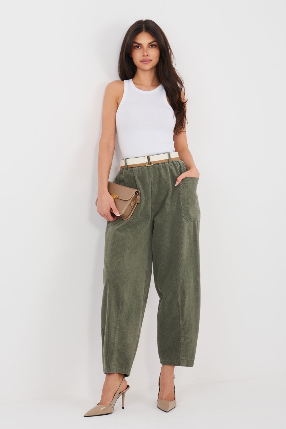 Rue Paris Khaki Bodycon High Waisted Corduroy Trousers - view 3