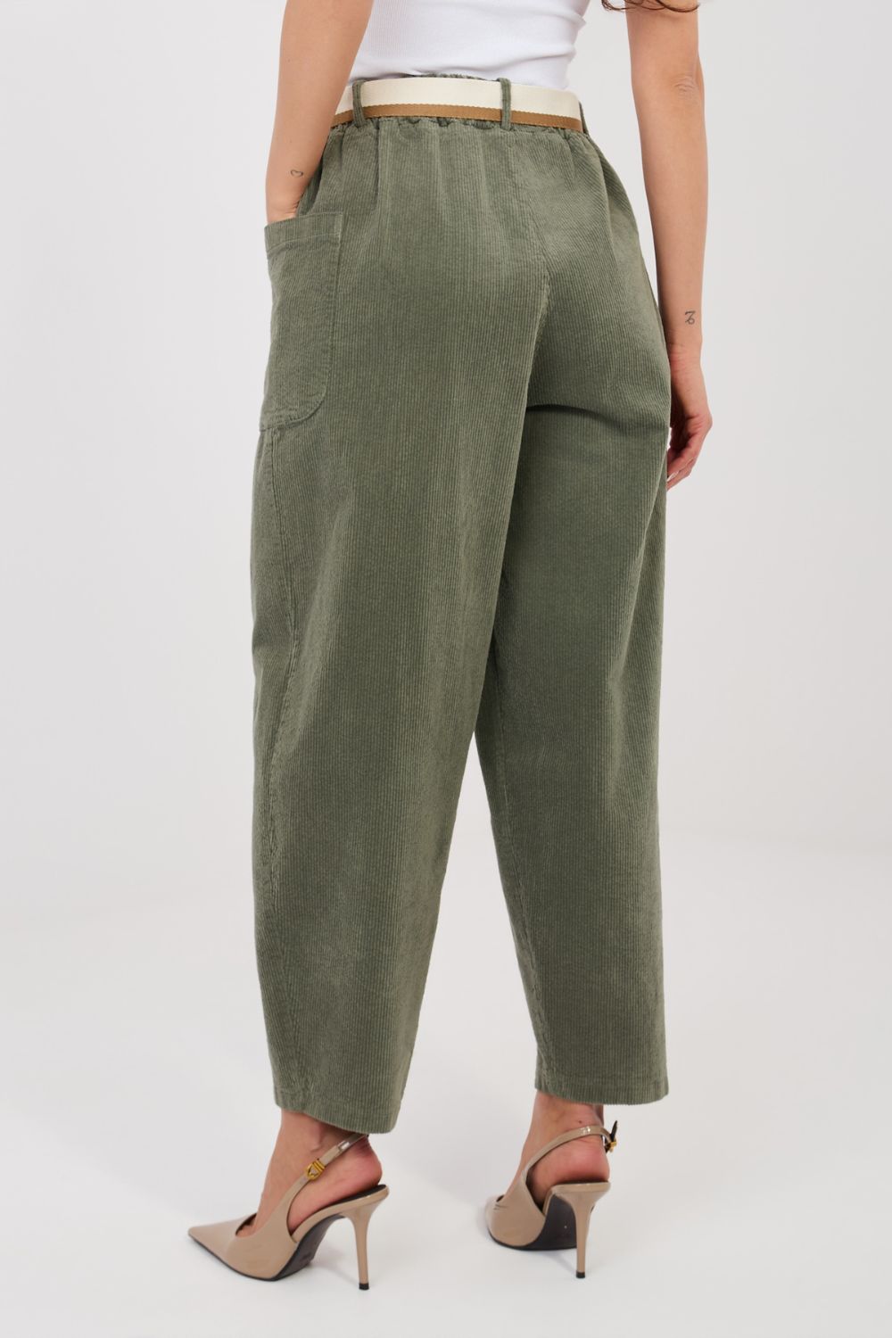 Rue Paris Khaki Bodycon High Waisted Corduroy Trousers - view 4