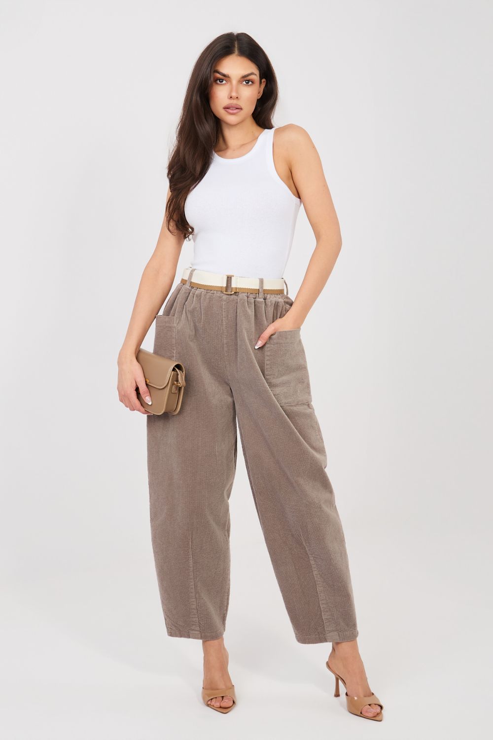 Rue Paris Dark Beige High Waisted Cotton Corduroy Trousers - view 3