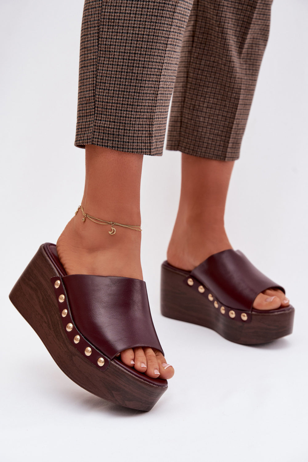 Step In Style Farinelle Burgundy Faux Leather Platform Wedge Sandals