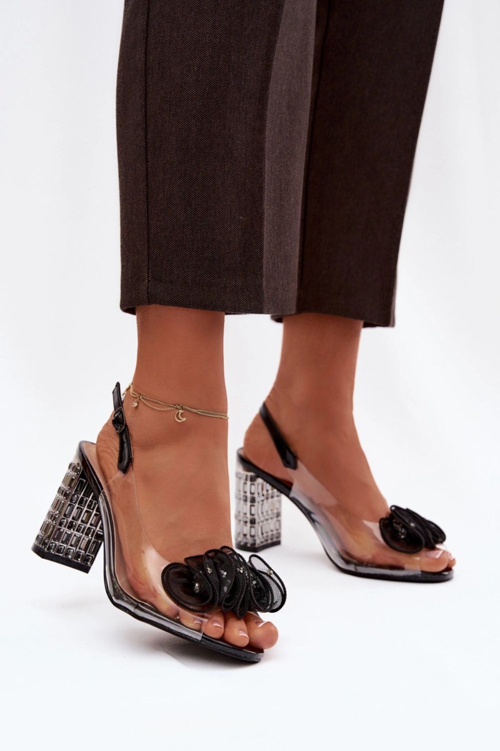 Step In Style Black Mesh Block Heel Heeled Sandals with Buckle - view 2