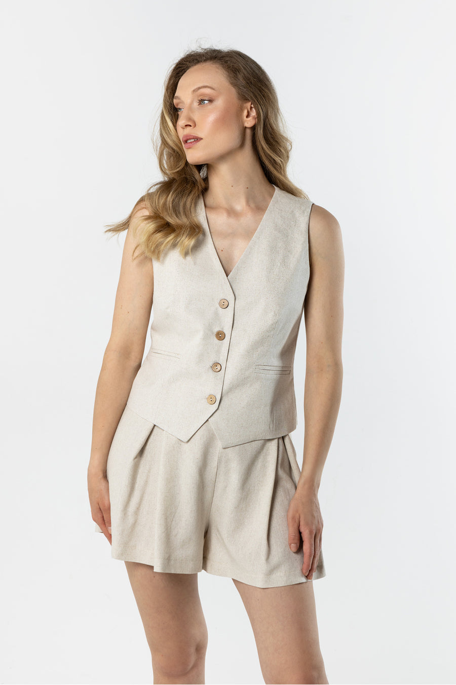 Awama Beige Linen Bodycon Gilet