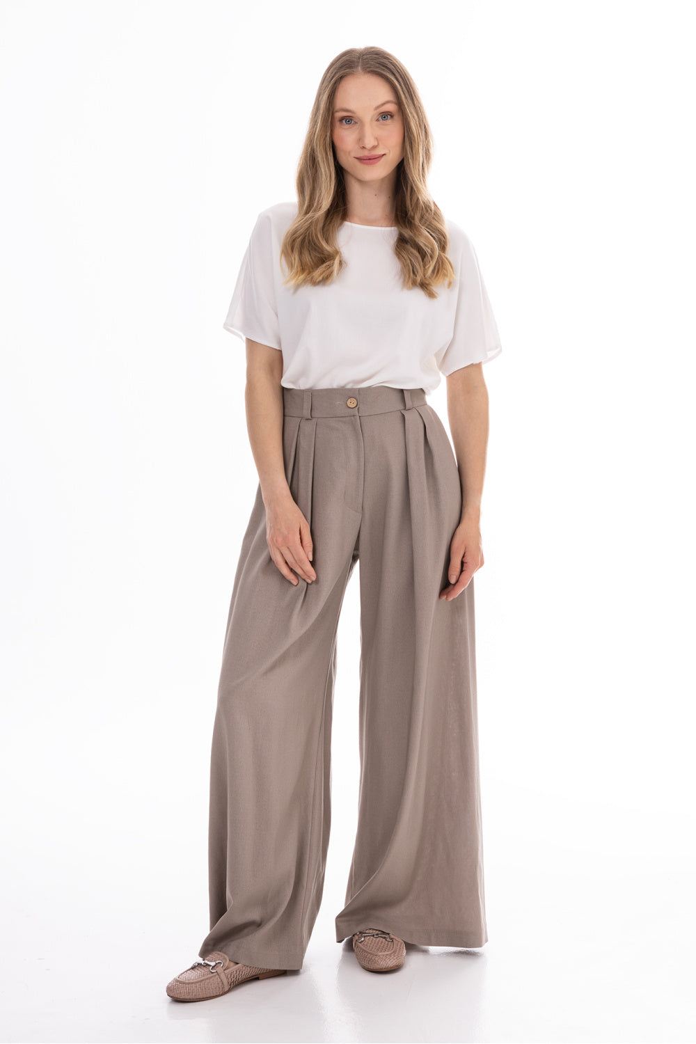 Awama Latte Pleated High Waisted Trousers