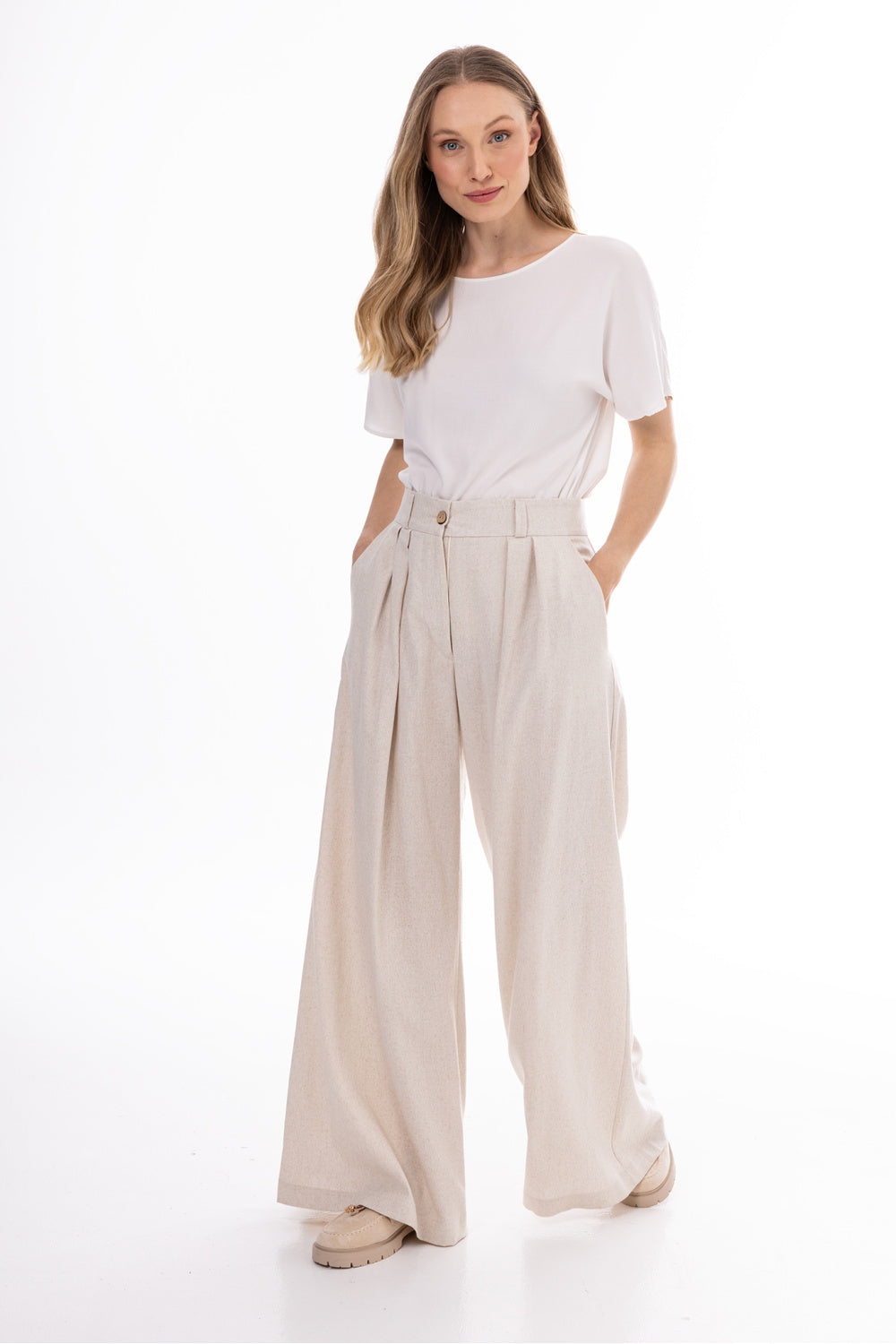 Awama Beige Pleated High Waisted Trousers