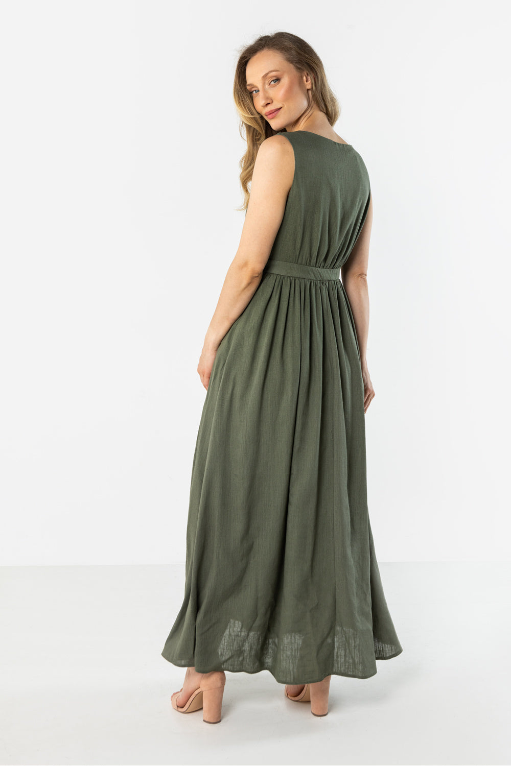 Awama Khaki Maxi Linen Dress - view 3