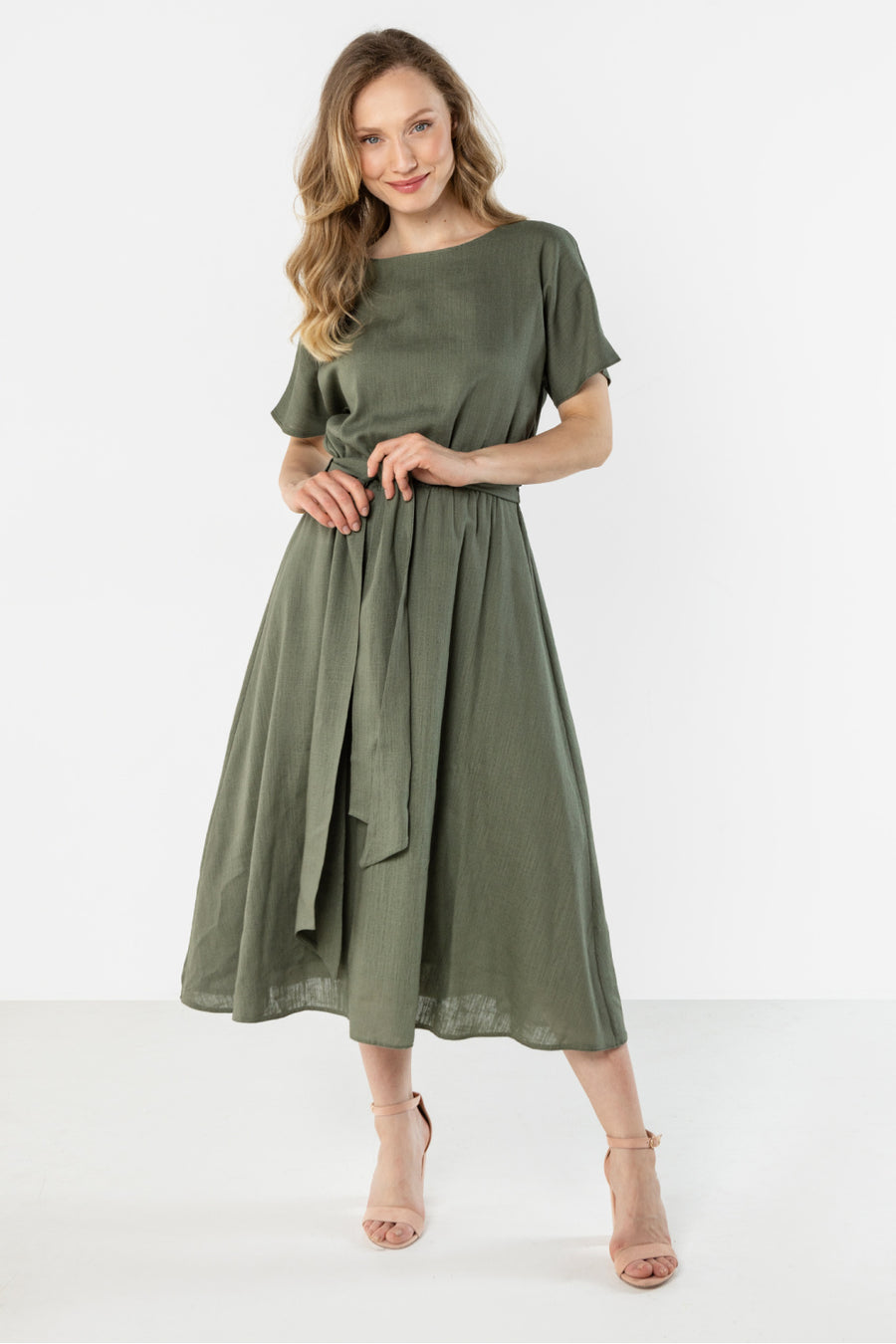 Awama Khaki Midi Linen Dress