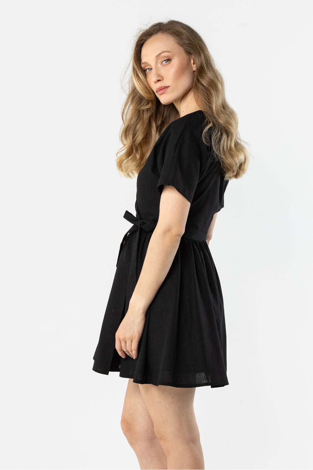 Awama Black Mini Linen Dress - view 3